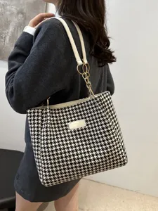 Autumn winter vintage houndstooth tote bag for women stylish PU leather shoulder handbag chic.