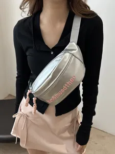 Trendy metallic silver crossbody chest bag for women, versatile fashion streetwear fanny pack.