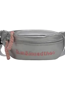 Silver fanny pack for women trendy stylish crossbody chest bag with pink zipper pull