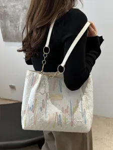 Bolso Tote de Lona Minimalista Urbano para Mujer Bordado de Olas Gran Capacidad Bolso de Hombro Axilar Con Cadena para Diario