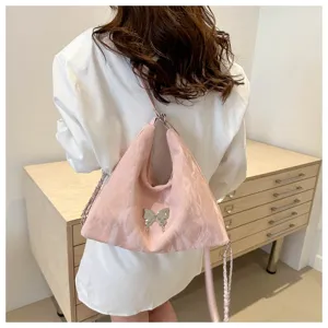Pink velvet butterfly tote bag for women, stylish multi-functional shoulder and backpack style.
