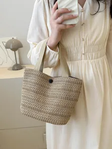 Woven Straw Tote Bag Small Handheld Bucket Bag Casual Paper Straw Handbag Commuting Vacation Bento Bag For Women