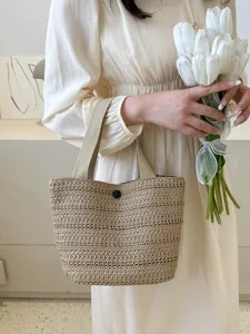 Women straw woven handbag casual bucket bag summer beach tote bag hand-held bento bag