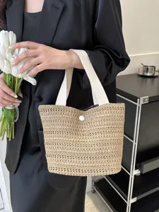 Woven Straw Bucket Bag Women Tote Handbag Casual Summer Beach Vacation Bag Daily Commute
