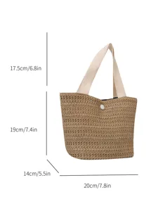 Woven straw bucket bag with sturdy fabric handles, casual summer beach tote and daily handbag.
