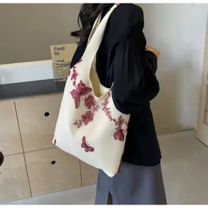 Detailaufnahme einer beige Leinen-Umhängetasche mit roter Schmetterlings- und Blumenstickerei.