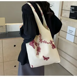 Schicke Leinen Umhängetasche mit roter Blumen spitzen Stickerei, lässige Damen Schultertasche.