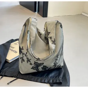 Leinwand Umhängetasche mit schwarzer Spitzenbestickung Schmetterling, lässige Tasche.
