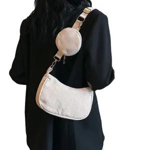 Trendy corduroy shoulder bag with small round pouch, chic crossbody bag for women main view.