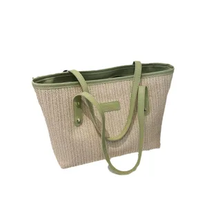 Grote dames stro shopper tas stijlvolle groene leren afwerking casual schoudertas voor dagelijks