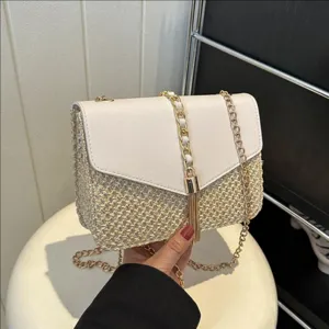 Womens Summer Straw Woven Crossbody Bag Fashion PU Leather Patchwork Chain Tassel Small Square Bag Casual Daily Shoulder Bag