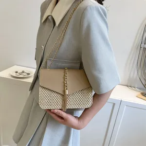 Summer straw woven shoulder bag for women fashion chain crossbody bag small square handbag