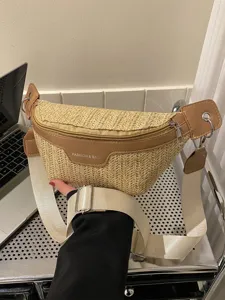 Borsa a Tracolla in Paglia da Donna Borsa da Petto Moda Casual Tinta Unita con Cerniera Borsa a Spalla Viaggio Quotidiano