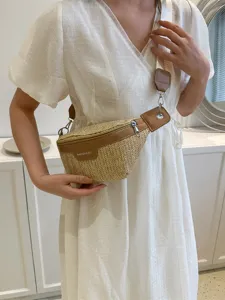 Borsa a tracolla in paglia intrecciata da donna, elegante marsupio casual con cinturino