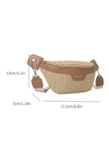 Marsupio in paglia intrecciata per donna, borsa da petto in pelle marrone con comoda tracolla larga.