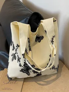 Beige Segeltuch Tragetasche mit schwarzer Spitzen Schmetterling Stickerei, lässige Schultertasche
