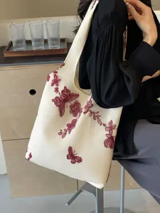 Schicke Leinen Umhängetasche mit roter Spitzen Schmetterling Stickerei grosse Tasche