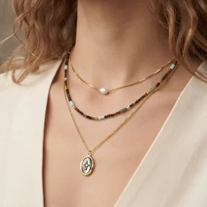 Detailed close-up of a layered gold necklace set with pearls, beads, and an oval star pendant.