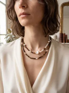 Layered pearl and brown bead necklace, copper plated 18k gold vintage chic jewelry for women.