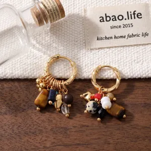 Original natural stone tassel hoop earrings with mixed crystal beads and elegant retro design.