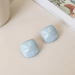 Handcrafted light blue mint drop oil square stud earrings, chic summer vacation.