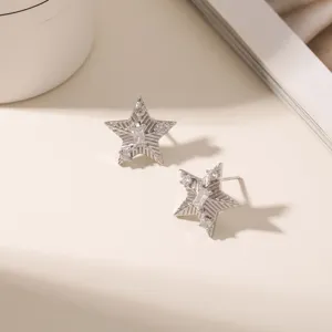Primo piano di orecchini a lobo a stella in argento sterling con zirconi cubici luminosi.