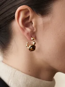 Chic boucles d'oreilles créoles vintage en pierre œil de tigre dorée pour femmes chic.