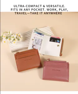 Compact minimalist short leather wallet with multiple card slots and secure zipper coin pocket.