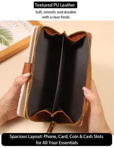 Cartera larga de cuero PU texturizado para mujer, diseño de cremallera espacioso con tarjeteros.