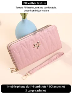 Portafoglio lungo in pelle PU rosa con doppia cerniera, laccetto da polso e scomparti per carte.