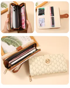 Elegante cartera larga de mujer con múltiples ranuras para tarjetas y diseño de monograma elegante.