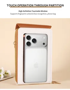 Vista detallada del bolso para móvil táctil con ventana transparente y cremallera.