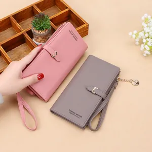 Lange dames portemonnee van PU-leer, effen kleur clutch tas met polsband en rits.