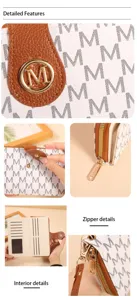 Cartera larga de mujer vista de detalles, con tarjeteros, bolsillo con cremallera y diseño M.