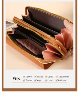 Vue détaillée de l'intérieur du portefeuille avec multiples compartiments et espace de rangement.