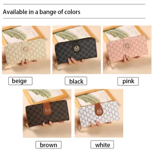 Monedero largo para mujer con ranuras para tarjetas y cremallera, elegante monograma.