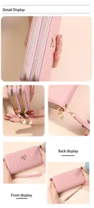 Vista dettagliata del portafoglio lungo rosa da donna, con doppie zip e tasche.