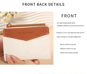 Women's short zipper wallet with color-block flap and cute embossed pattern for daily use.