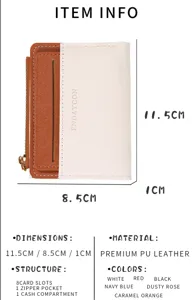 Compact bifold PU leather wallet with card slots, zipper pocket, and clear dimensions.