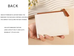 Detailed close-up view of white quilted PU leather short zipper wallet with multiple card slots.