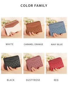 Women short zipper wallet color family grid display faux leather coin purse card holder.