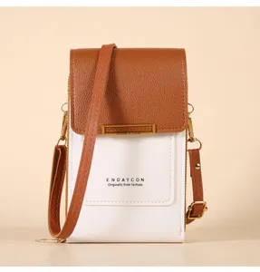 Elegante bolso bandolera de cuero PU bicolor para teléfono con correa ajustable uso diario.