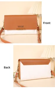 Vue détaillée du sac bandoulière bicolore avec design avant et arrière, fermoir et zips métalliques.