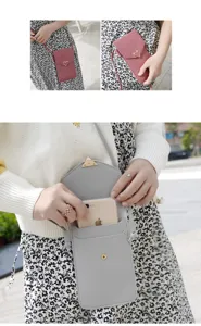 Close-up of PU leather crossbody phone bag, showing clear compartment and metal lock.
