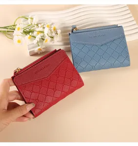 Women short zipper wallet PU leather card holder fashion quilted coin purse red blue
