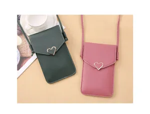 Women small crossbody phone bag solid color retro heart metal buckle shoulder purse.