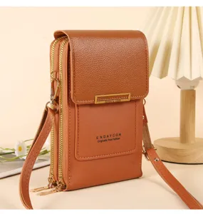 Bolso bandolera para teléfono de cuero PU marrón con doble cremallera y monedero vertical práctico.