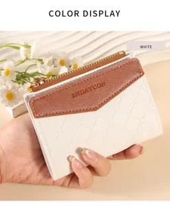 Women short zipper wallet with color block plaid design, chic compact coin purse and card holder.