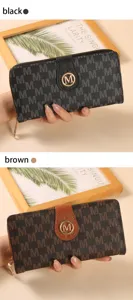Monedero largo de mujer monograma cuero PU con cremallera tarjetero negro marrón
