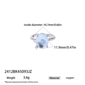 Minimalist Copper Glass Moonstone Open Ring For Women Branch Texture Oval Inlaid Adjustable Fashion Jewelry Gift Finger Ring